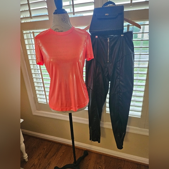 3pc Set Cedric Charlier Metallic Tee Faux Leather Pants Murci Structured Handbag - Picture 14 of 14